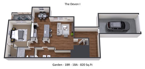 A 3D floor plan of a property called The Devon I, showing a garden area of 820 square feet.